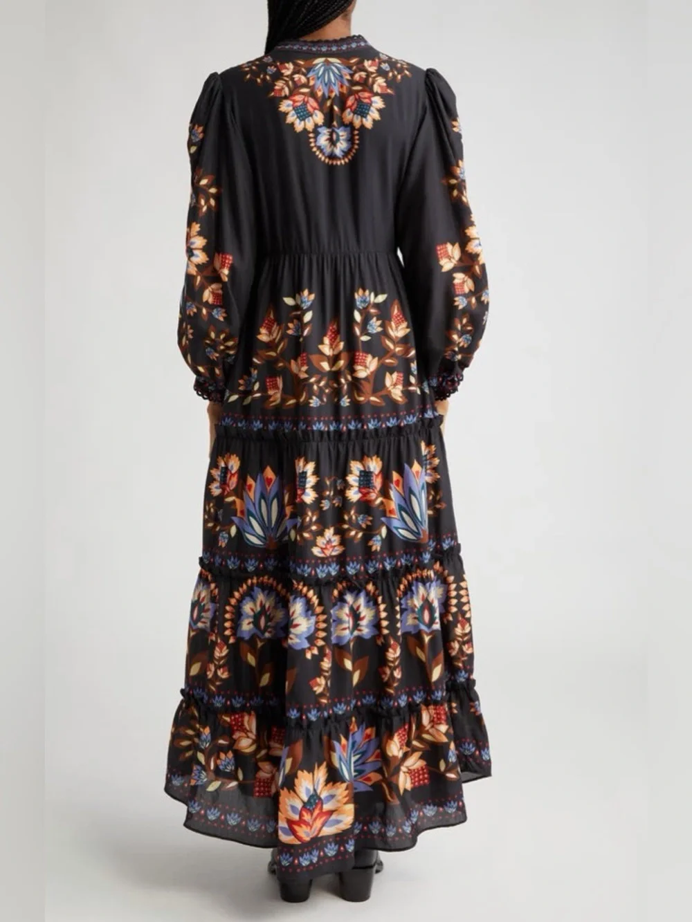 NEW FARM Rio Winter Garden Floral Print Tiered Puff Long Sleeve Maxi Dress Sz M - Picture 2 of 16